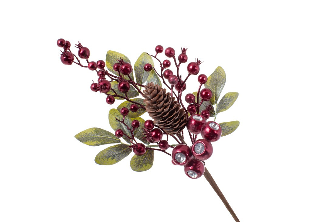 Декоративна гілка з листя та ягід з кристалом, колір: бургундія, 38см - 12 шт УПАКОВКА ТОВАР ВІД ВИРОБНИКА