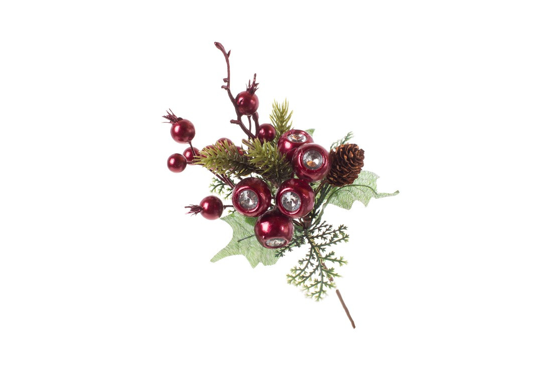 Декоративна гілка із хвої та ягід із кристалом, колір: бургундія, 24см - 12 шт УПАКОВКА ТОВАР ВІД ВИРОБНИКА