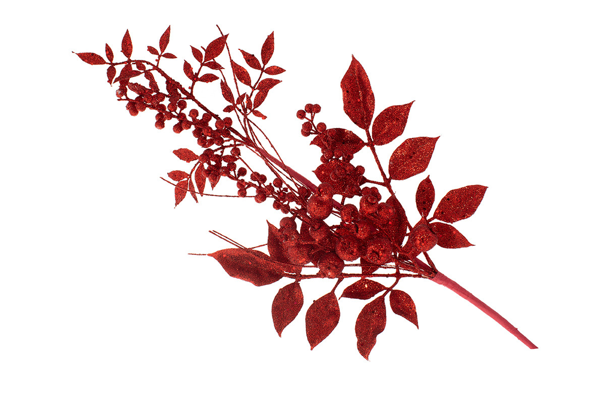 Декоративна гілка з ягодами та листям 70см, колір - червоний гліттер - 6 шт УПАКОВКА ТОВАР ВІД ВИРОБНИКА