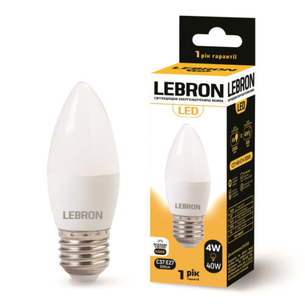 Лампа світлодіодна LED LEBRON L-C37 4W E27 220V 4100K 320LM Свічка
