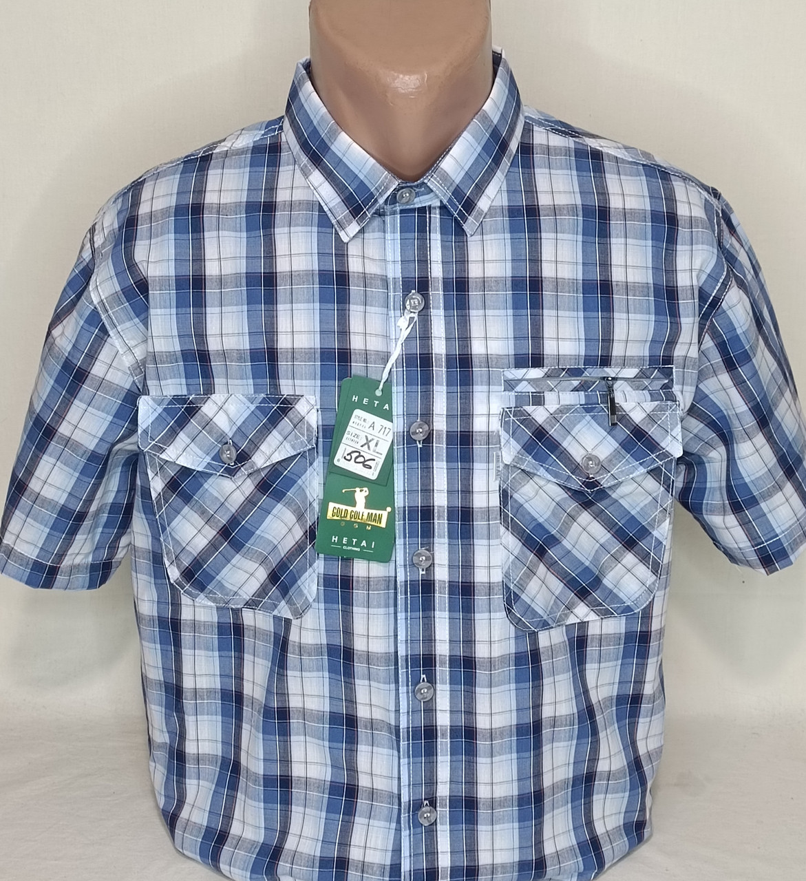 Чоловіча теніска 100% бавовна Hetai vk-0506 класична синя в клітку, чоловіча сорочка з коротким рукавом XL