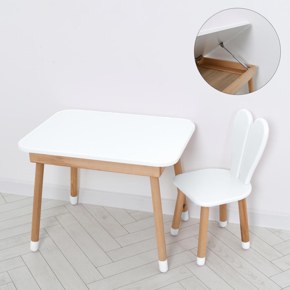 Дитячий дерев'яний столик та стільчик "Зайчик" 04-027W-TABLE Білий (з ящиком під стільницею)