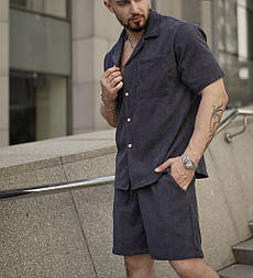 Чоловічий літній костюм комплектом сорочка та шорти легкий вельветовий графітовий Туреччина. Живе фото