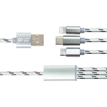 Кабель PowerPlant 2.1A 3-в-1 USB AM - Type-C/Lightning/Micro, 1.2м, сірий