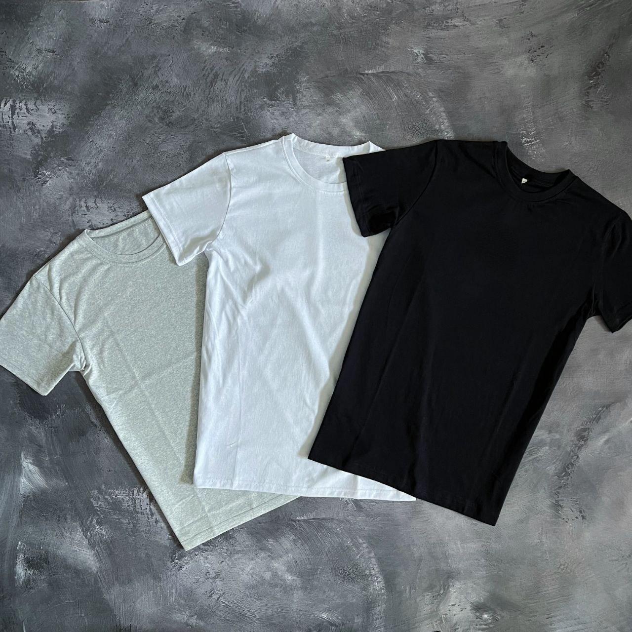 Чоловіча класична базова футболка набір 3 шт. біла чорна сіра бавовняна з круглим вирізом на літо, фото 1