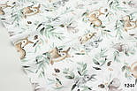 Тканина бязь "Косулі з білочками та зайчиками у гілках брудно-м'ятного кольору" на білому тлі № 1244, фото 2