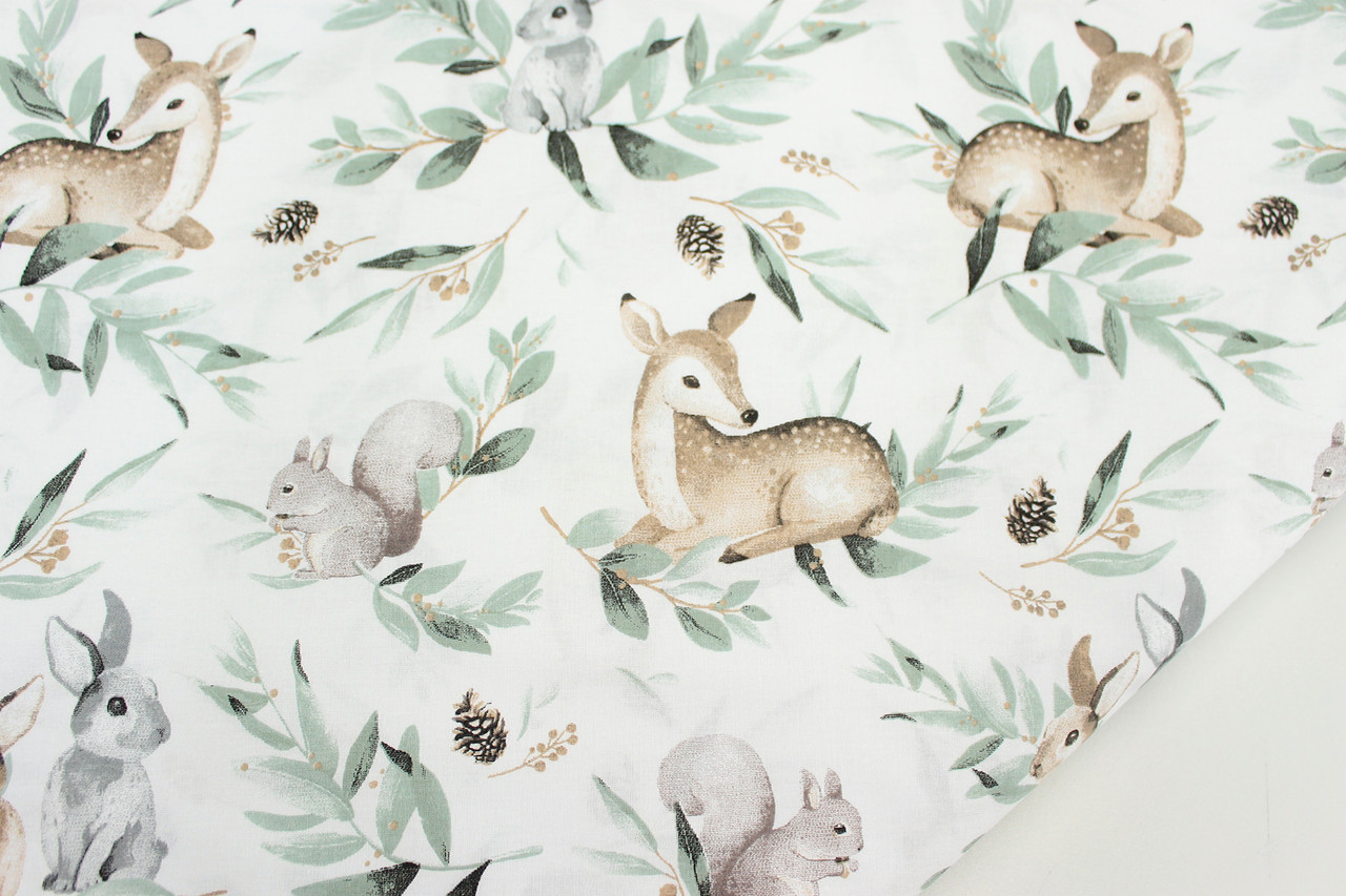 Тканина бязь "Косулі з білочками та зайчиками у гілках брудно-м'ятного кольору" на білому тлі № 1244, фото 1