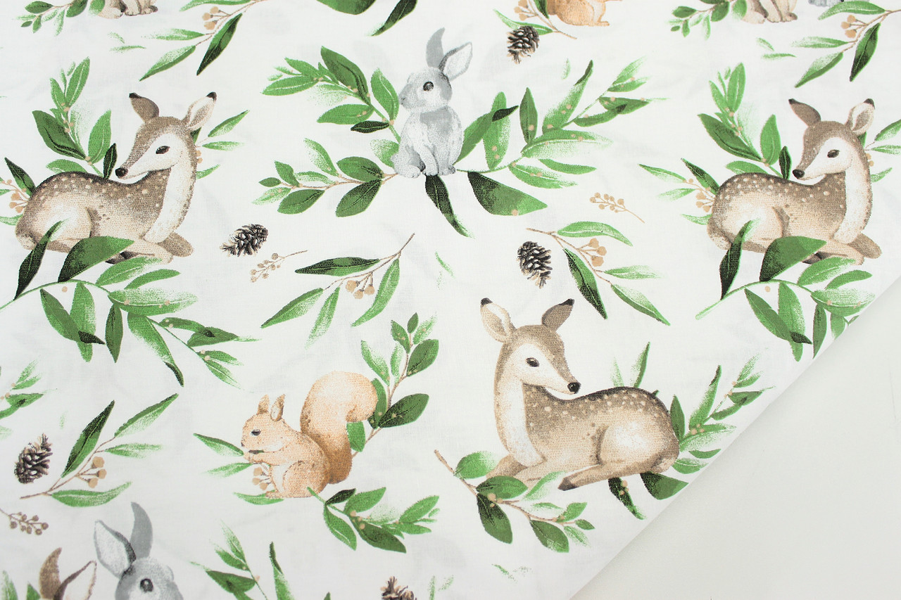 Тканина бязь "Козулі з білочками та зайчиками у гілках" на білому тлі № 1978, фото 1