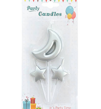 Свічки у торт "Місяць" набір - 3 шт., колір - срібло, фото 1