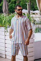 Классный легкий мужской летний костюм(рубашка/шорты) в цветную полоску.