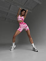 Фитнес-костюм Marble мраморный (топ, шорты) розовый бесшовный с пуш-ап