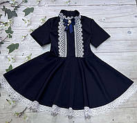 Школьное платье детское с кружевом для девочки 7-11 лет,цвет темно-синий