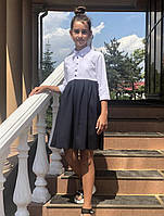 Школьное платье детское с кружевом для девочки 7-11 лет,цвет темно-синий с белым