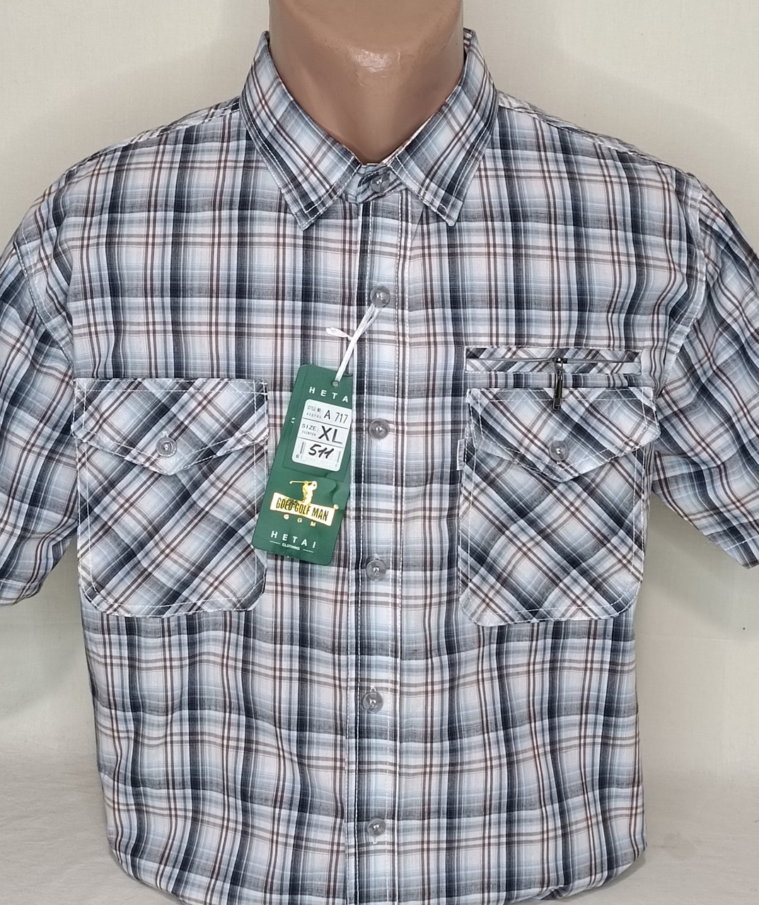 Бавовняна чоловіча теніска Hetai vk-0511 класична синя в клітку, стильна чоловіча теніска 100% бавовна