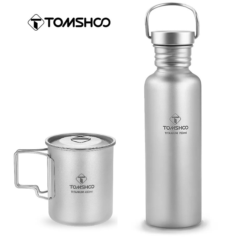 Титанова пляшка для води Tomshoo Titanium 750 мл та кружка з титану 450 мл набір тианового посуду в чохлі