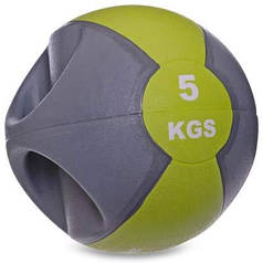 М'яч медичний медбол з двома ручками Zelart FI-2619-5 5кг сірий-зелений Код FI-2619-5