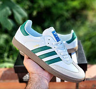Белые с зеленым кожаные мужские кроссовки Adidas Samba OG