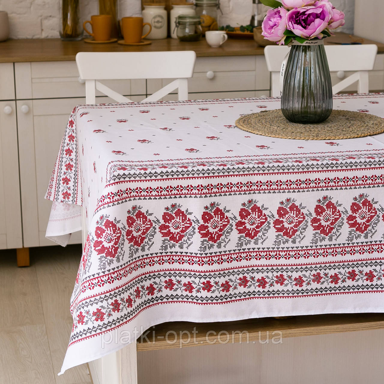 Скатертина лляна "Білий орнамент" 1.5м х 1.5м (квадратна, на круглий стіл)