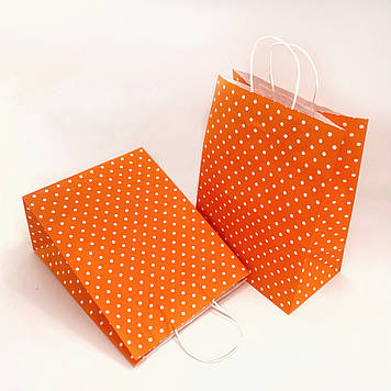 Пакет подарунковий паперовий Горох помаранчевий з ручками 35х26х15 см