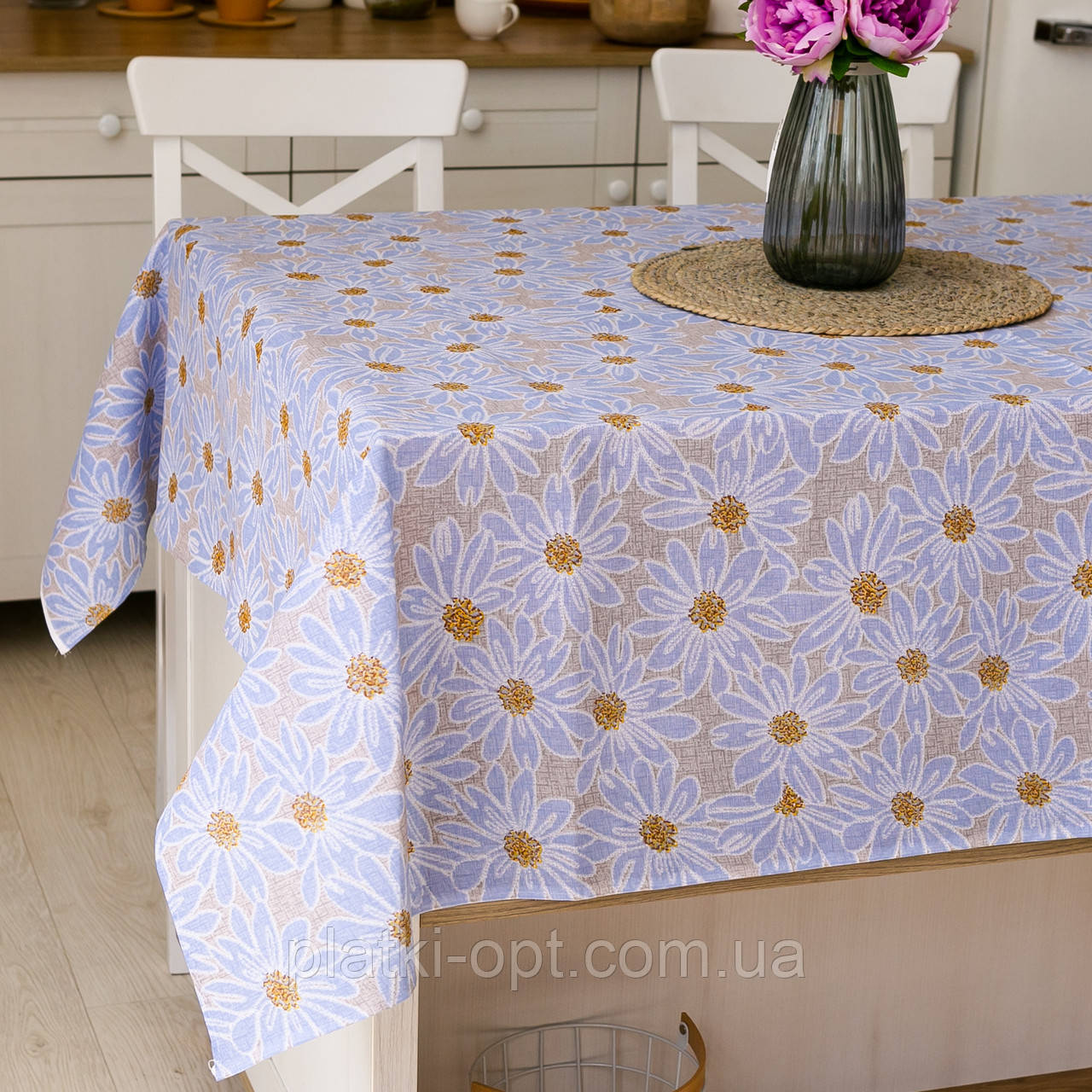 Скатертина лляна "Ромашки" 1.5м х 1.5м (квадратна, на круглий стіл), фото 1