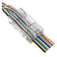 Коннектор RJ45; 8p8c UTP Cat-5; под обжим на провод, сквозное подключение; цвет прозрачный; MERLION