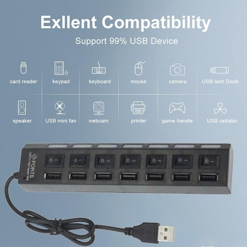 Usb hub на 7 портів і 7 перемикачі on off hi-speed usb 2.0 чорного кольору