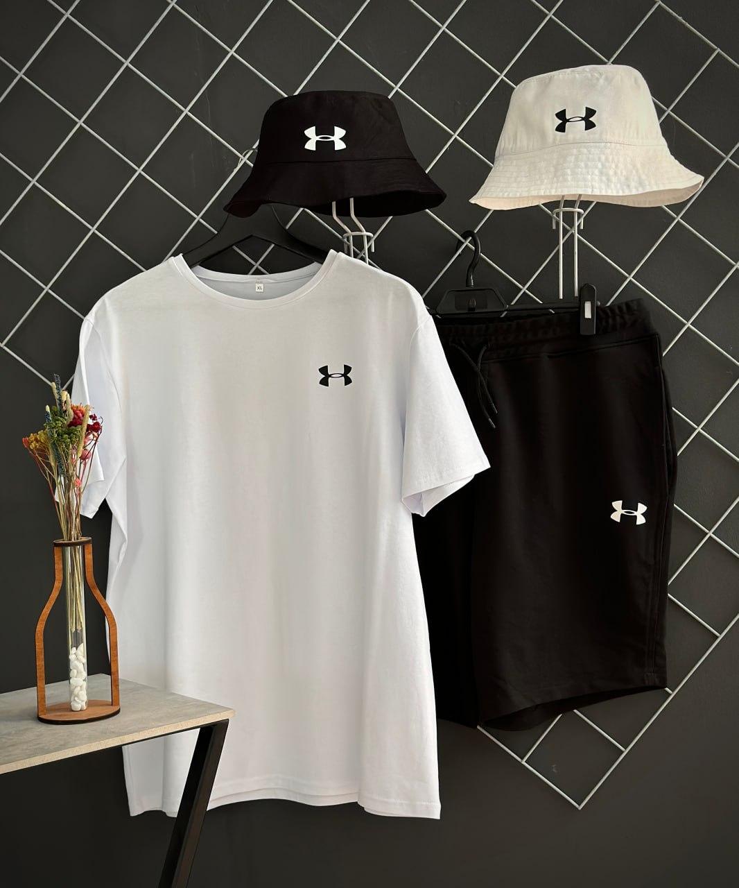 Чоловічий літній костюм 3в1 Under Armour Футболка + Шорти + Панамка комплект Андер Армор на літо білий із чорним