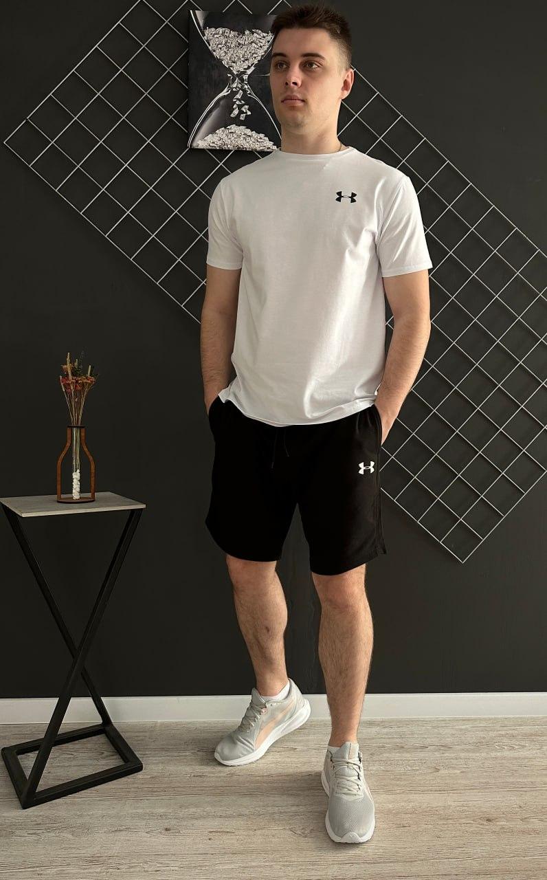 Чоловічий літній костюм Under Armour Футболка + Шорти комплект Андер Армор на літо білий із чорним