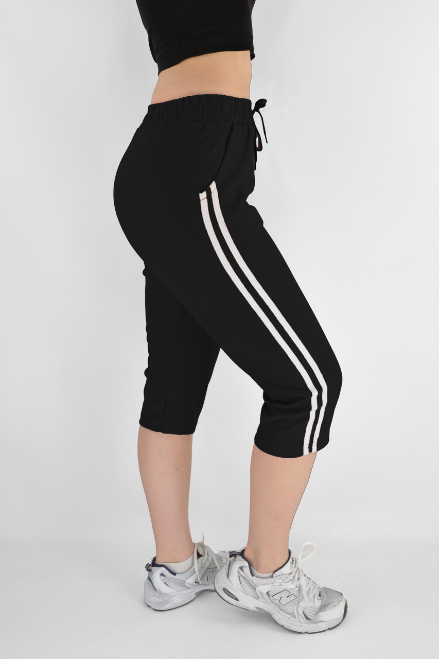 Бриджі жіночі спортивні в яскравих кольорах капрі 2 смужки з кишенями Tovta (Угорщина) Чорний колір 2XL