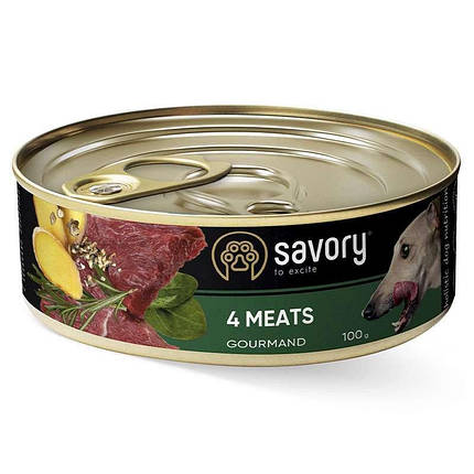 Savory Dog Gourmand 4 meats Вологий корм з чотирма видами м'яса для дорослих собак гурманів всіх порід 100г, фото 1