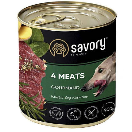 Savory Dog Gourmand 4 meats Вологий корм з чотирма видами м'яса для дорослих собак гурманів всіх порід 400г, фото 1
