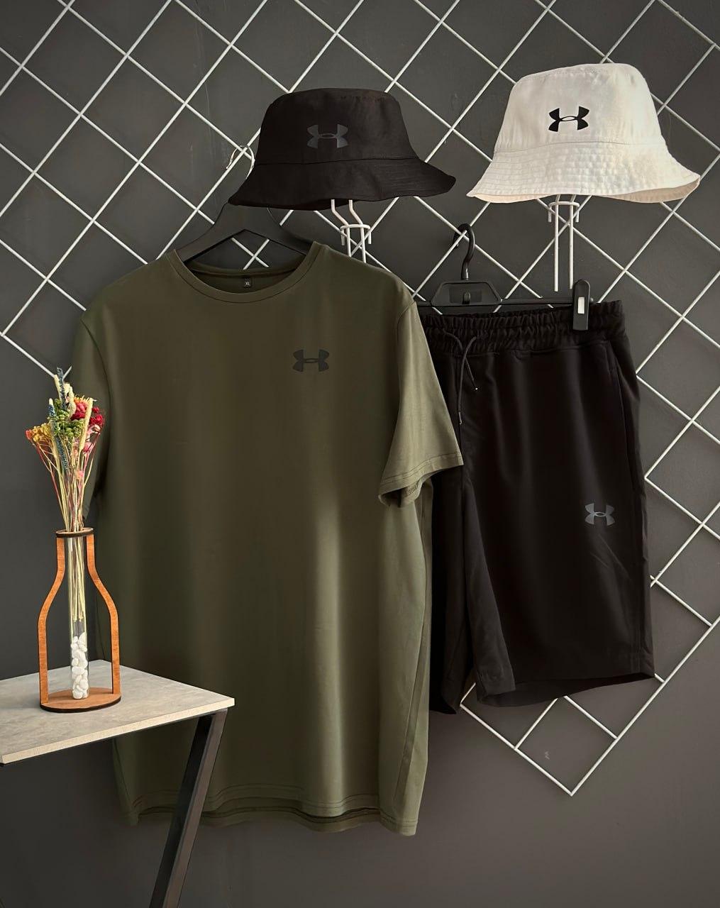 Чоловічий літній костюм 3в1 Under Armour Футболка + Шорти + Панамка комплект Андер Армор на літо хакі з чорним
