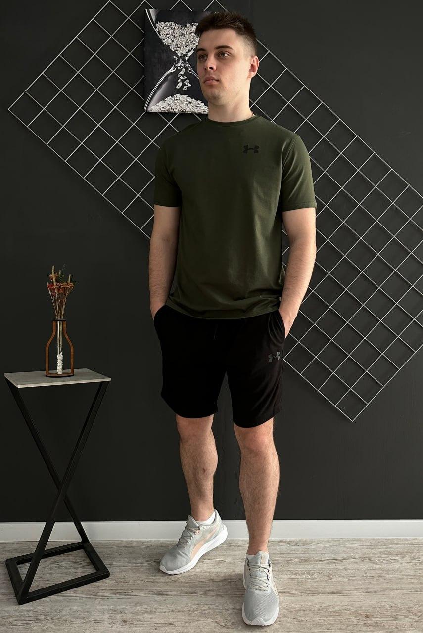 Чоловічий літній костюм Under Armour Футболка + Шорти комплект Андер Армор на літо хакі з чорним