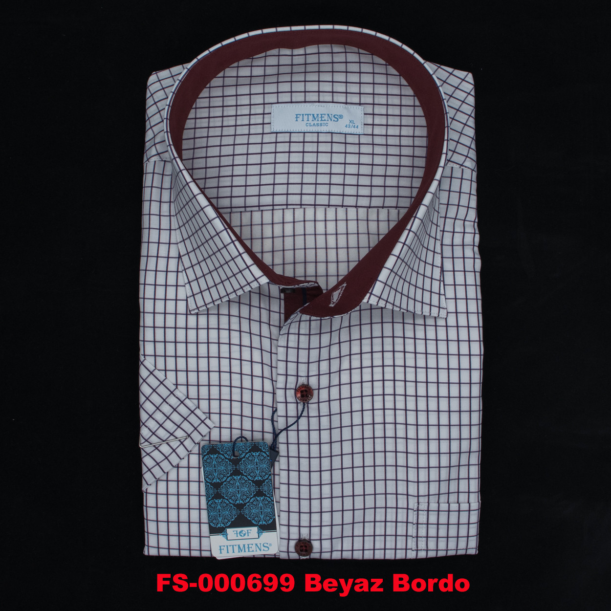 Сорочка чоловіча, прямого покрою, з коротким рукавом, FITMENS FS-000699 Beyaz Bordo 90% бавовна 10% поліестер