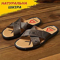 Летние мужские кожаные шлепки Reebok, коричневые шлепанцы из натуральной кожи на лето обувь *R-7-кор*