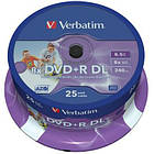 Диск DVD+R 25 Verbatim, 8.5Gb (Double Layer), 8x, Printable, Cake Box (43667) (код 317795)