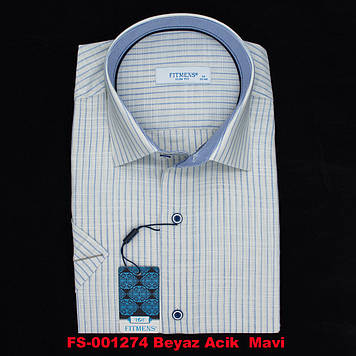 Сорочка чоловіча, приталена (Slim Fit), з коротким рукавом, FITMENS FS-001274 Beyaz Acik  Mavi 100% льон M(Р)