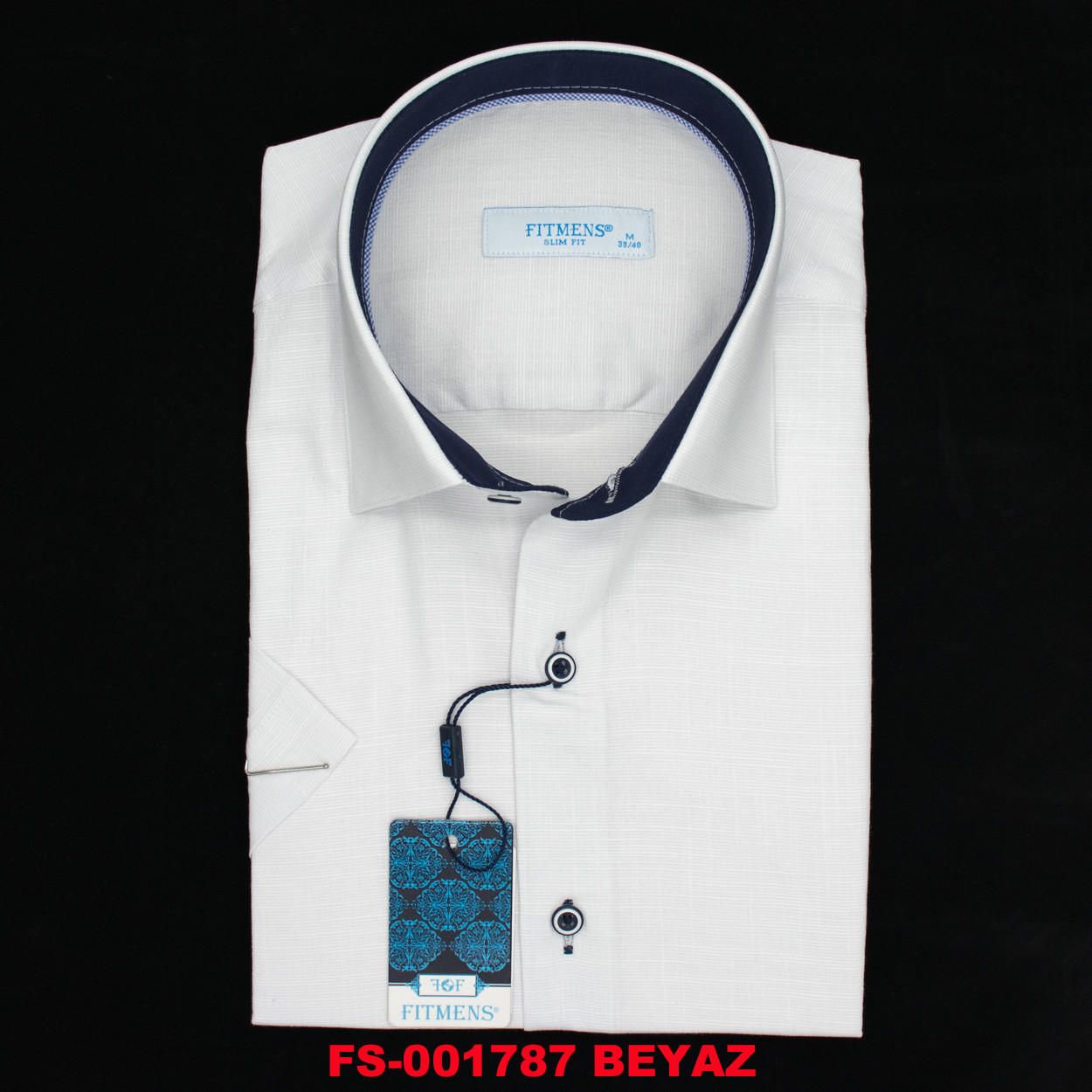 Сорочка чоловіча, приталена (Slim Fit), з коротким рукавом, FITMENS FS-001787 BEYAZ 97% бавовна 3% еластан