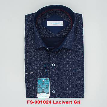 Сорочка чоловіча, приталена (Slim Fit), з коротким рукавом, FITMENS FS-001024 Lacivert Gri 97% бавовна 3%