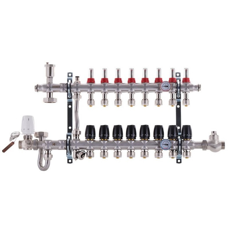 Колектор для теплої підлоги в комплекті із змішувальною групою та байпасом без насоса Koer S1011-08