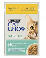 Вологий корм Purina Cat Chow Hairball для котів Ніжні шматочки з куркою та зеленою квасолею для котів 85 гр(