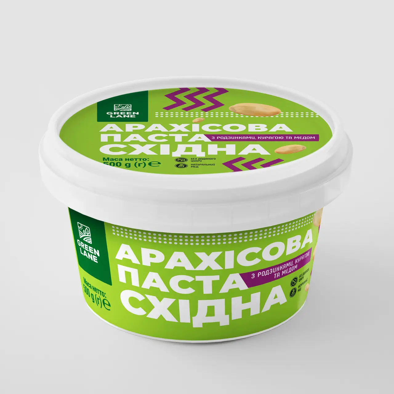 Натуральна арахісова паста Східна з курагою, родзинками та медом, без цукру, 500 г, Green Lane