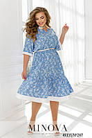 Обворожительное штапельное голубое платье-миди с белой вставкой, больших размеров от 50 до 64