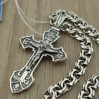 Комплект!!! Серебряная цепочка с крестиком. Мужская цепь бисмарк и крестик с жестким ушком