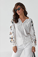 Женская белая вышиванка, хлопковая блузка с вышивкой S M L(42 44 46)