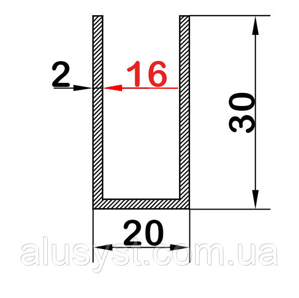 16мм / 20х30х2мм алюмінієвий швелер 3 метра / без покриття