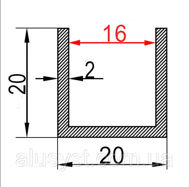 16мм / 20х20х2мм алюмінієвий швелер 3 метра / без покриття