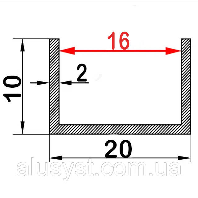 16мм / 20х10х2мм алюмінієвий швелер 1 метр / без покриття