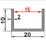 16мм / 20х10х2мм алюмінієвий швелер 1 метр / без покриття