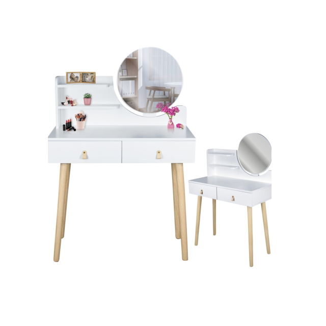 Туалетний столик на 2 ящики (шкіряні ручки) з дзеркалом білий Jumi SCANDI